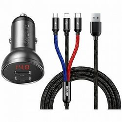 Baseus Digital Display Dual USB Car Charger 24W + 3-in-1 Cable 1.2m